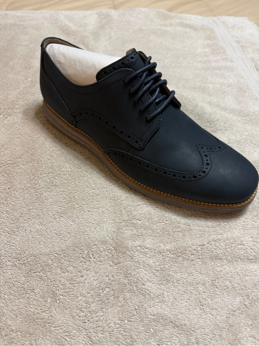 Cole Haan Navy Wingtip Derby with Brown Soles